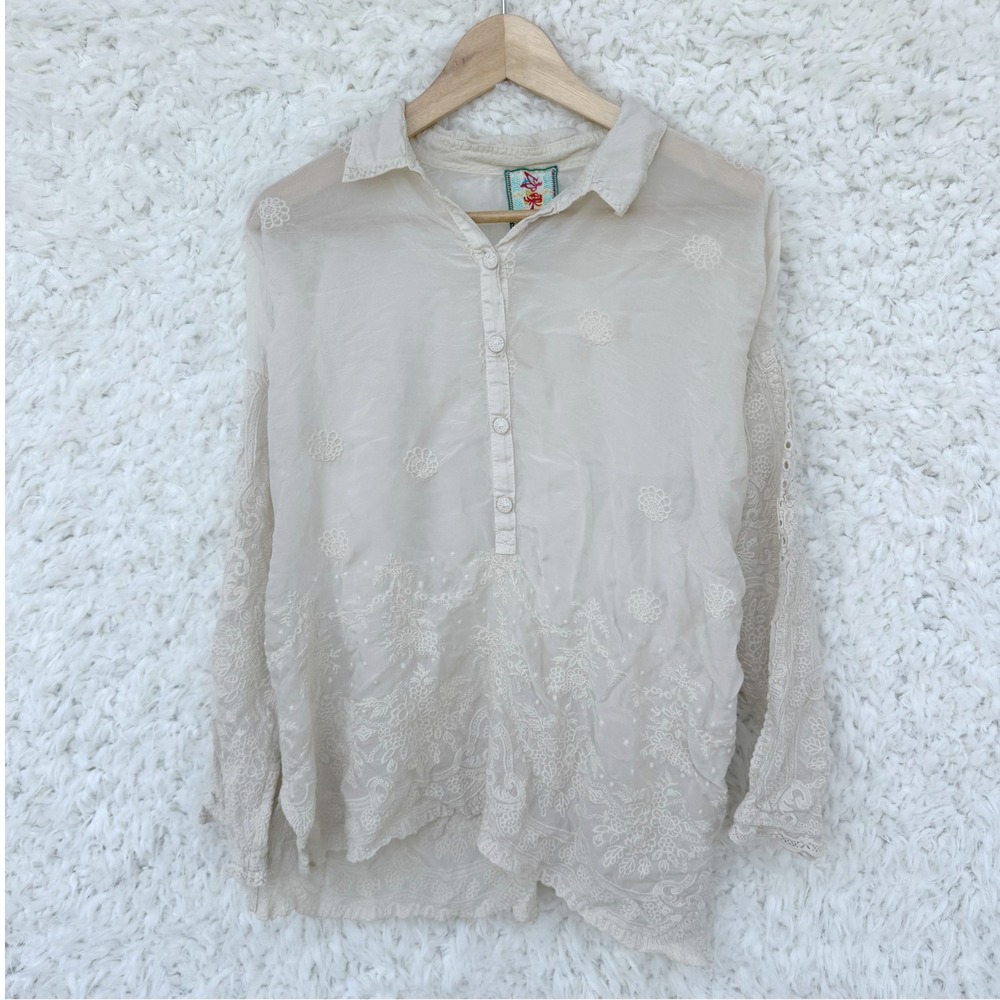 Johnny Was Off-White Embroidered Long Sleeve Shirt Top Small S Boho Cupra‎ Rayon